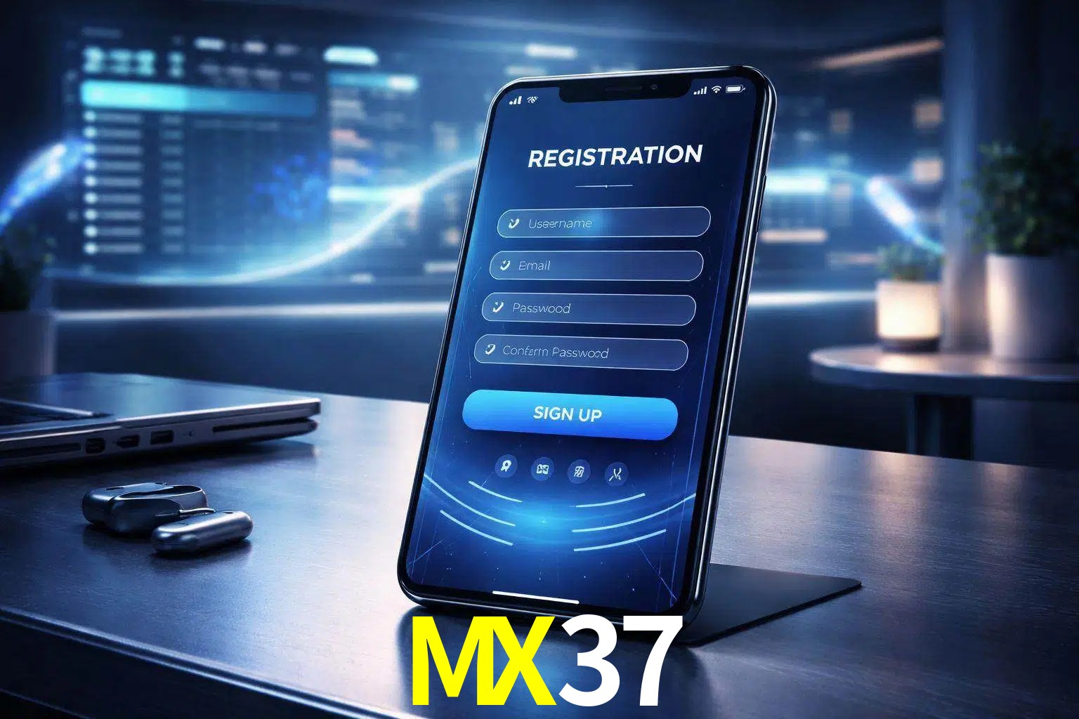 Una interfaz moderna de registro móvil para MX37 mostrada en un smartphone con un panel de apuestas elegante.